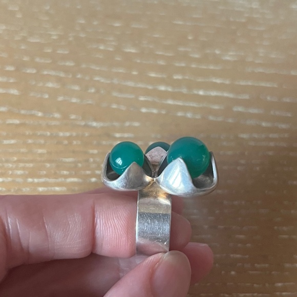 KULTASEPPÄ SALOVAARA Finland Modernist Sterling Silver Ring Chrysoprase Sz 7 MCM - Picture 3 of 13